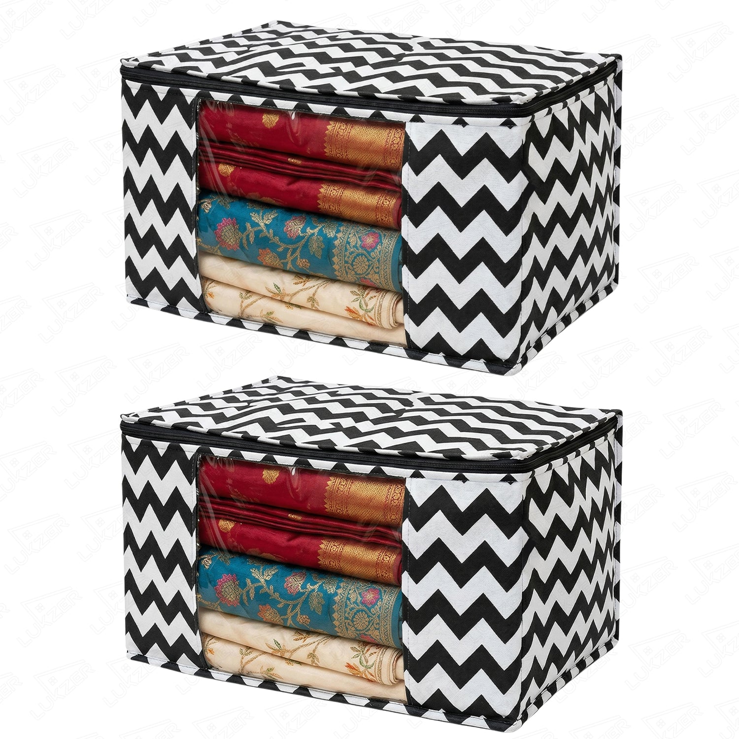 Lukzer 6 Pcs Zigzag Printed Large Size with Zip Closure & Mesh Window Saree Covers (Non-Woven)