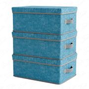 Lukzer 3Pcs Blue & Grey Foldable Storage Box with Lid & Reinforced Handle (Lining)