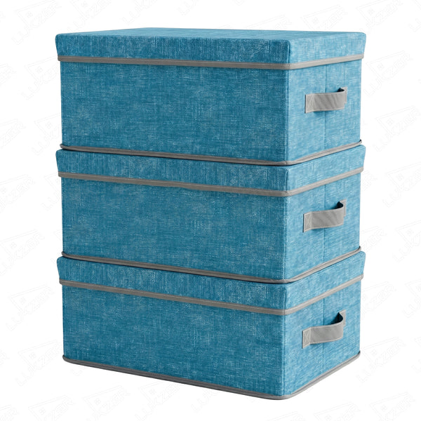 Lukzer 3Pcs Blue & Grey Foldable Storage Box with Lid & Reinforced Handle (Lining)