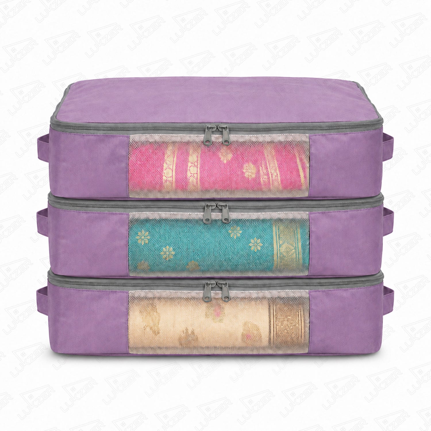 Lukzer 12Pcs Lavender Foldable Saree Cover/Bags with Zip & Mesh Window (Nylon)