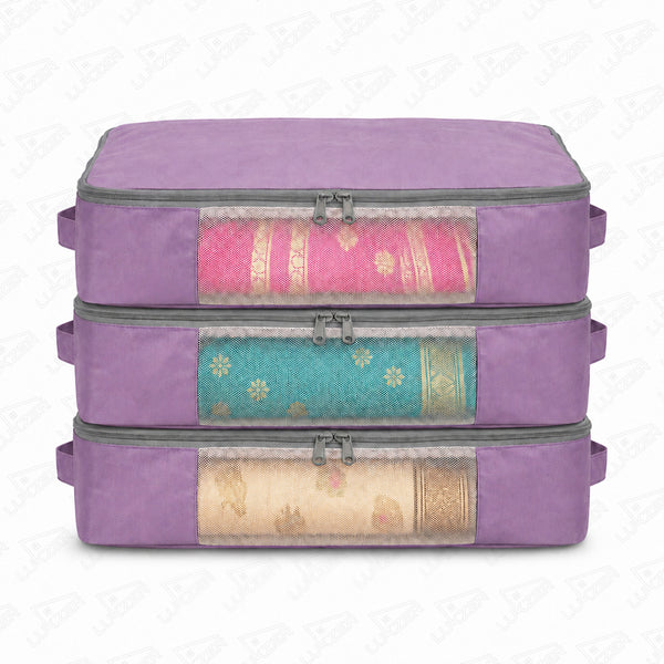 Lukzer 3Pcs Lavender Foldable Saree Cover/Bags with Zip & Mesh Window (Nylon)