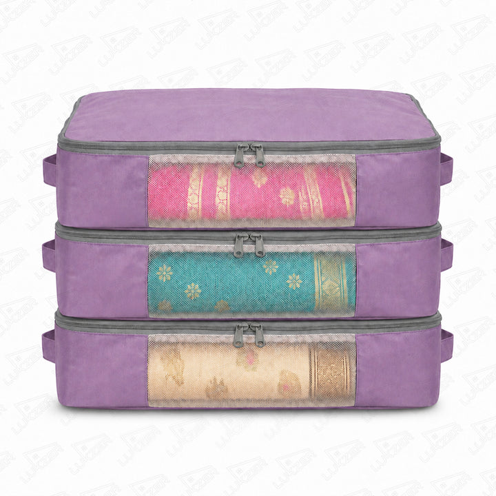 Lukzer 3Pcs Lavender Foldable Saree Cover/Bags with Zip & Mesh Window (Nylon)