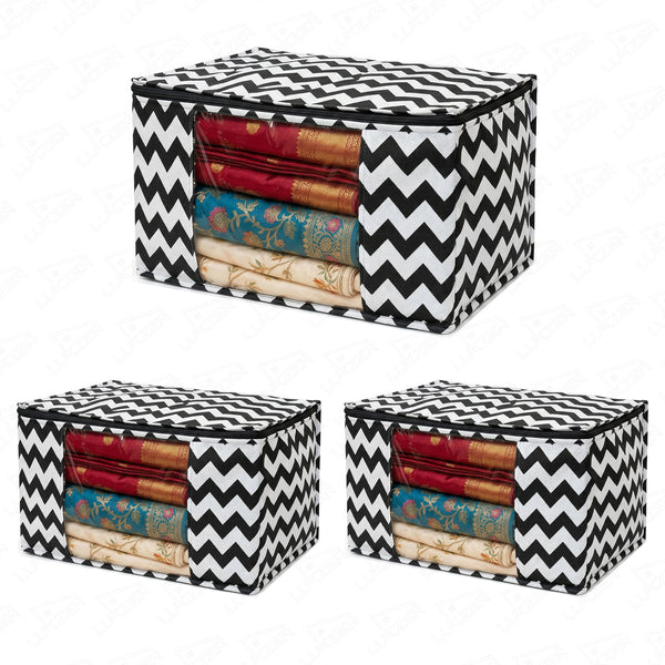 Lukzer 3 Pcs Zigzag Printed Large Size with Zip Closure & Mesh Window Saree Covers (Non-Woven)
