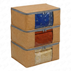 Lukzer 3 Pcs Leather Printed Large Size with Zip Closure & Mesh Window Saree Covers (Non-Woven)