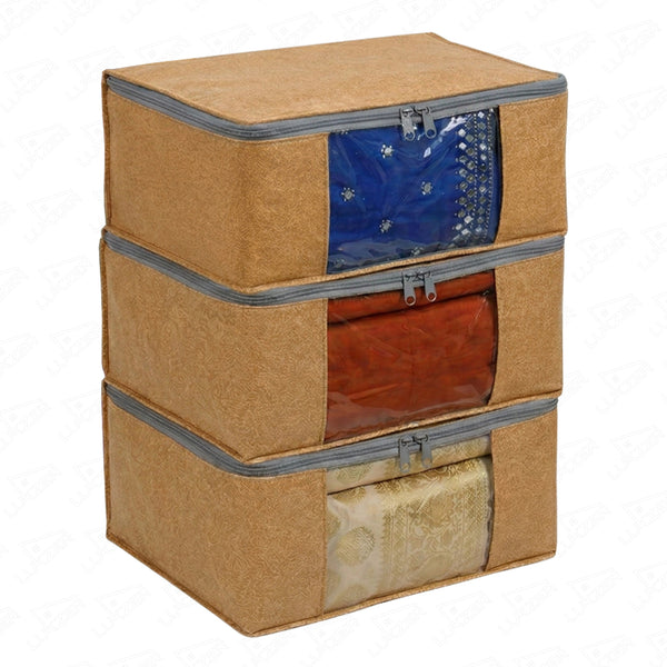 Lukzer 3 Pcs Leather Printed Large Size with Zip Closure & Mesh Window Saree Covers (Non-Woven)