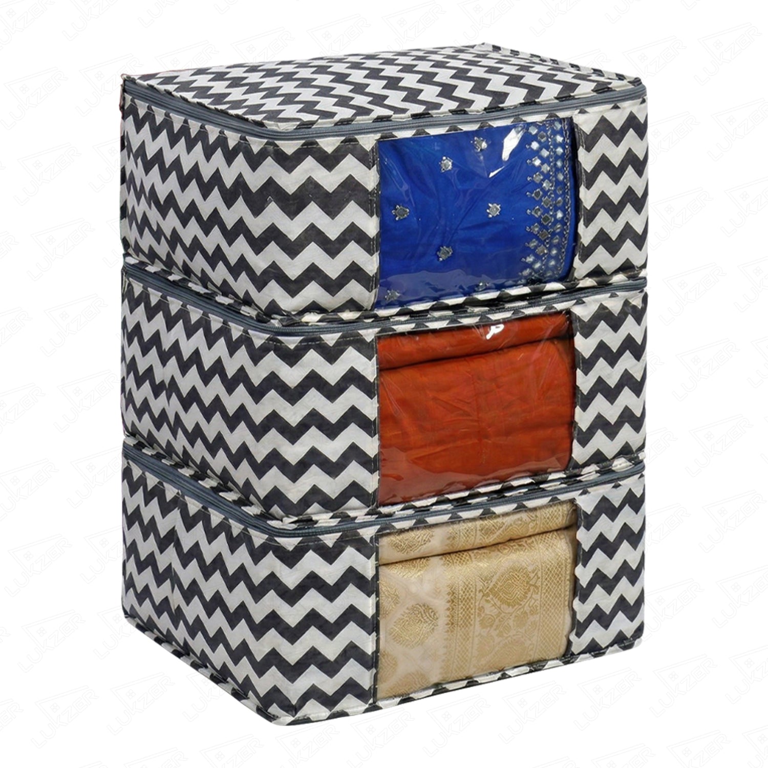 Lukzer 6 Pcs Zigzag Printed Large Size with Zip Closure & Mesh Window Saree Covers (Non-Woven)