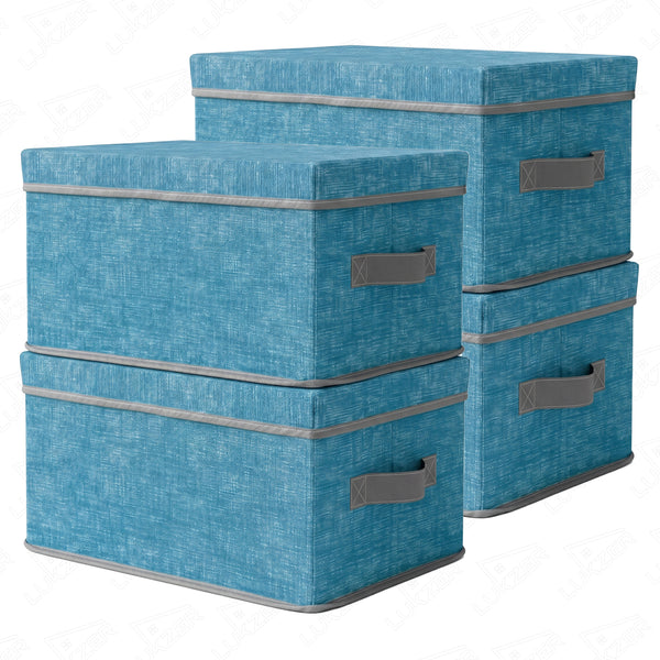 Lukzer 4Pcs Blue & Grey Foldable Storage Box with Lid & Reinforced Handle (Lining)