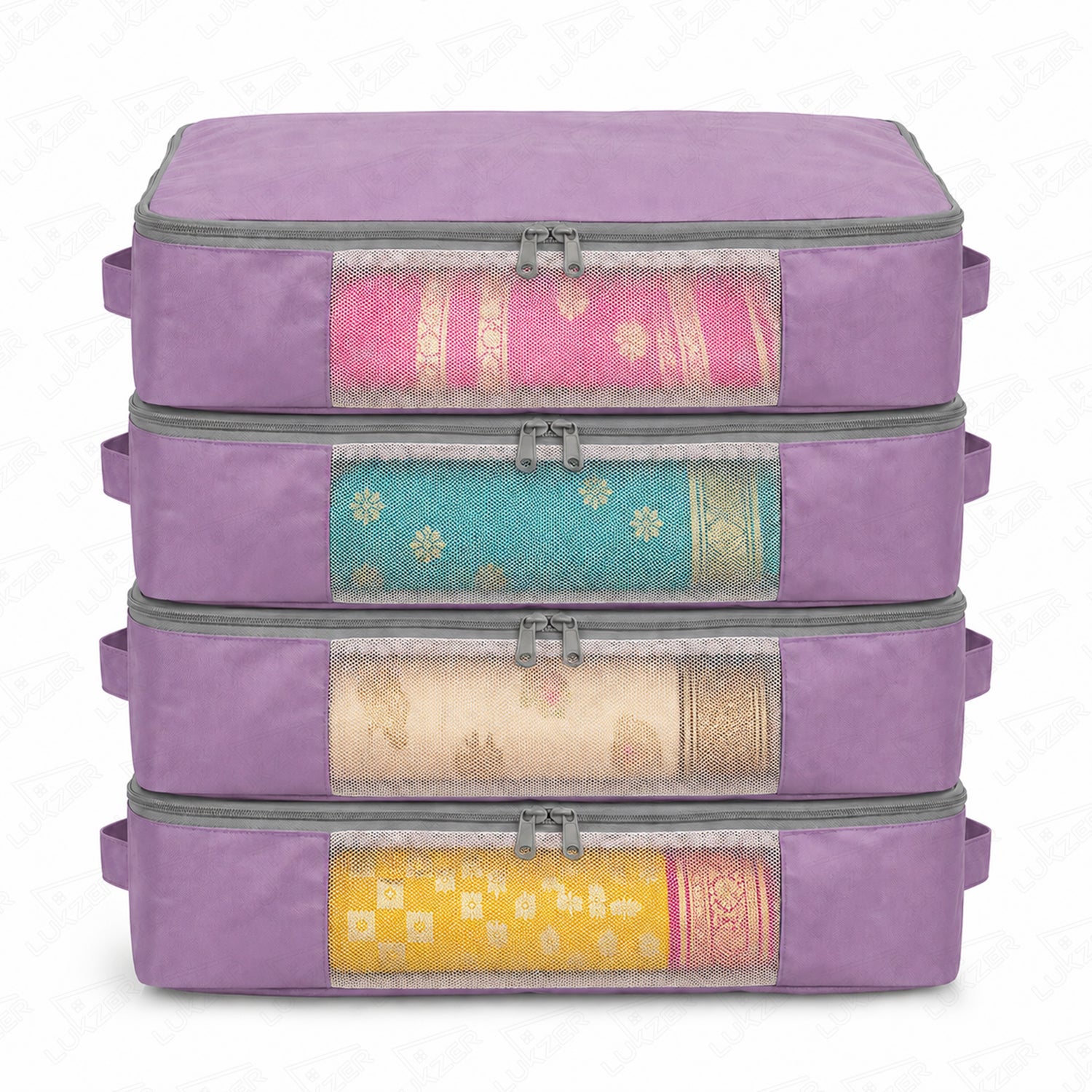 Lukzer 12Pcs Lavender Foldable Saree Cover/Bags with Zip & Mesh Window (Nylon)