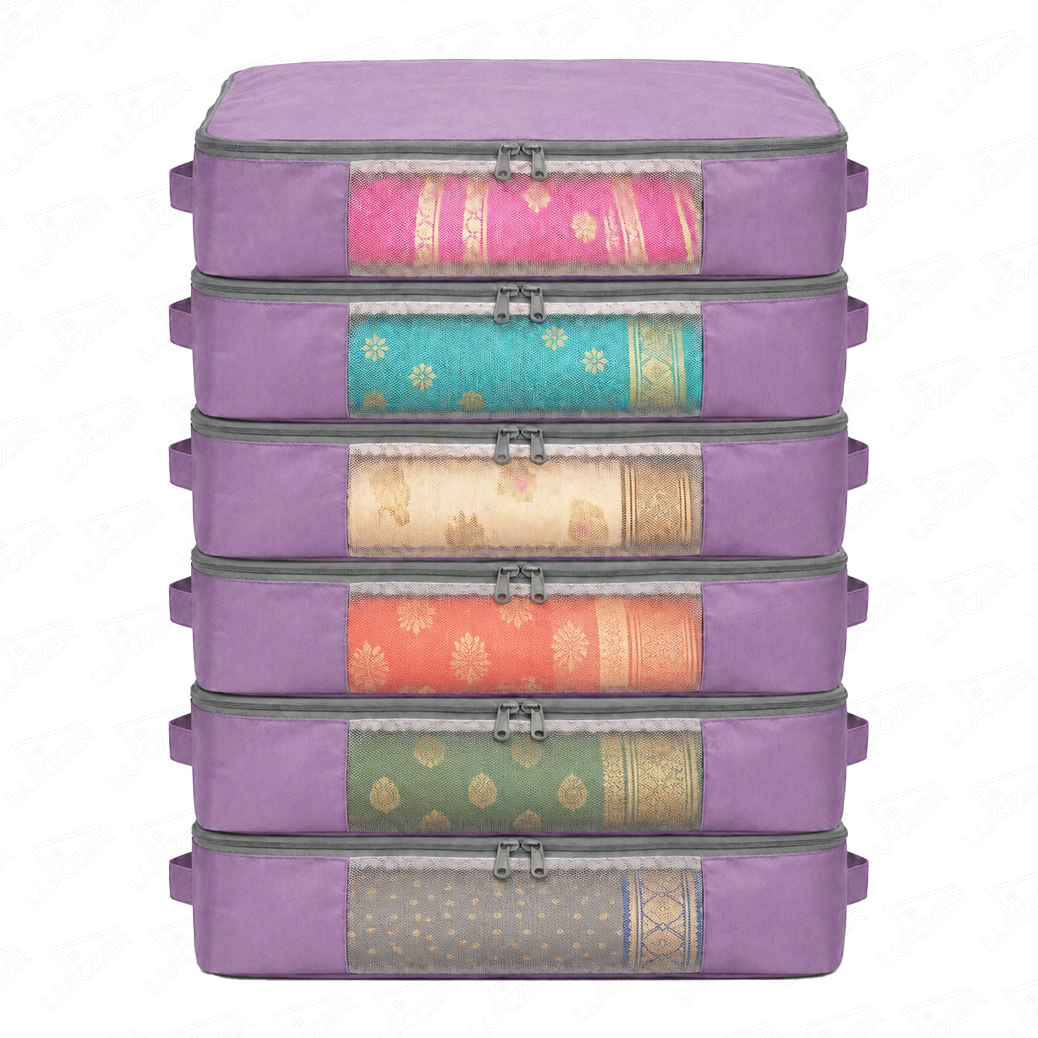 Lukzer 12Pcs Lavender Foldable Saree Cover/Bags with Zip & Mesh Window (Nylon)