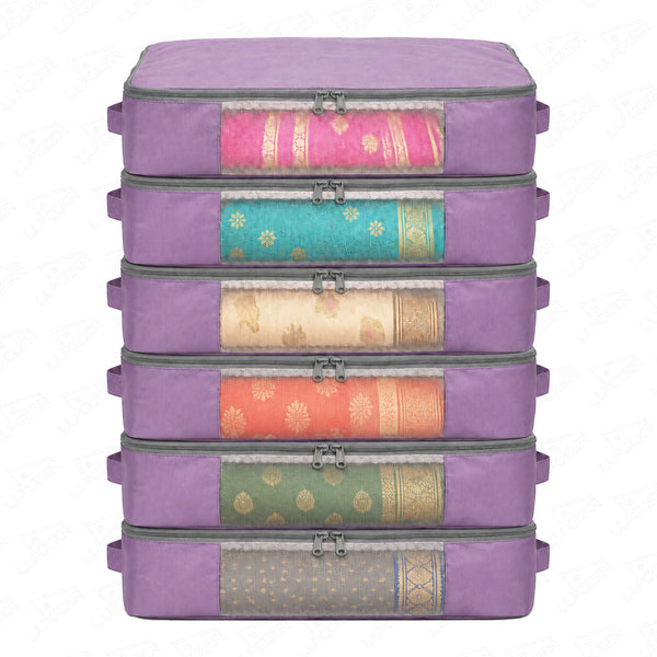 Lukzer 6Pcs Lavender Foldable Saree Cover/Bags with Zip & Mesh Window (Nylon)