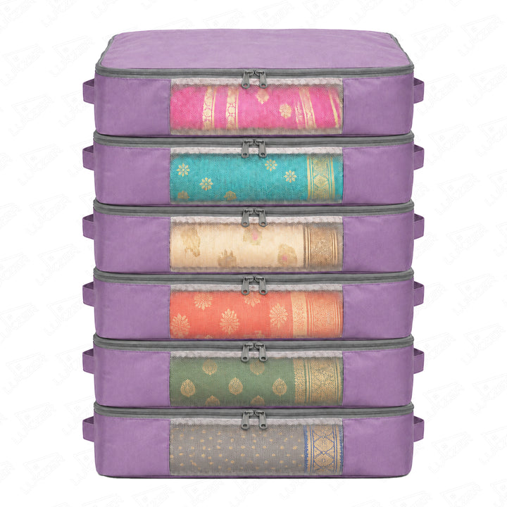 Lukzer 6Pcs Lavender Foldable Saree Cover/Bags with Zip & Mesh Window (Nylon)