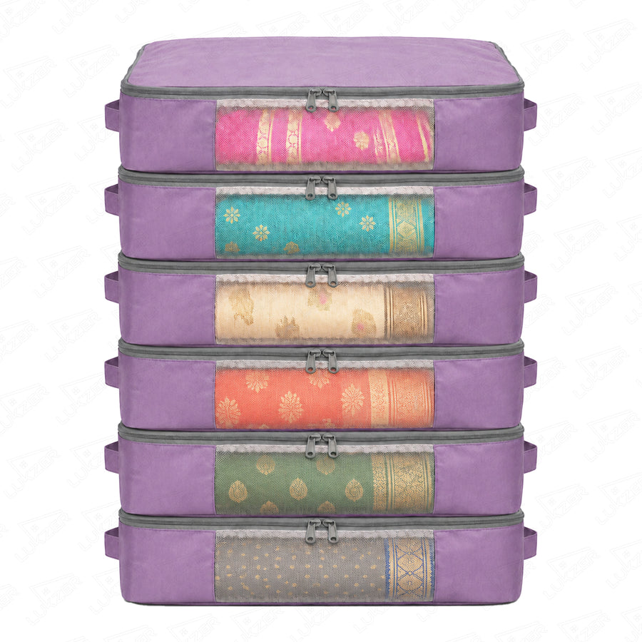 Lukzer 6Pcs Lavender Foldable Saree Cover/Bags with Zip & Mesh Window (Nylon)