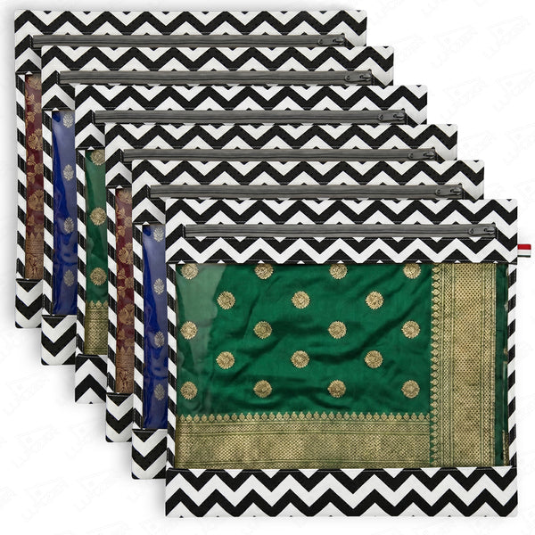 Lukzer 6 Pcs Zigzag Printed Big Size with Zip Closure & Transparent Window Saree Covers (Non-Woven)