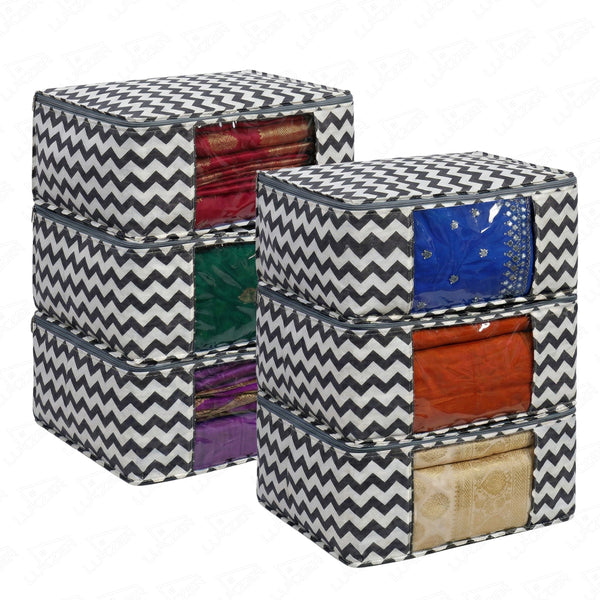 Lukzer 6 Pcs Zigzag Printed Large Size with Zip Closure & Mesh Window Saree Covers (Non-Woven)