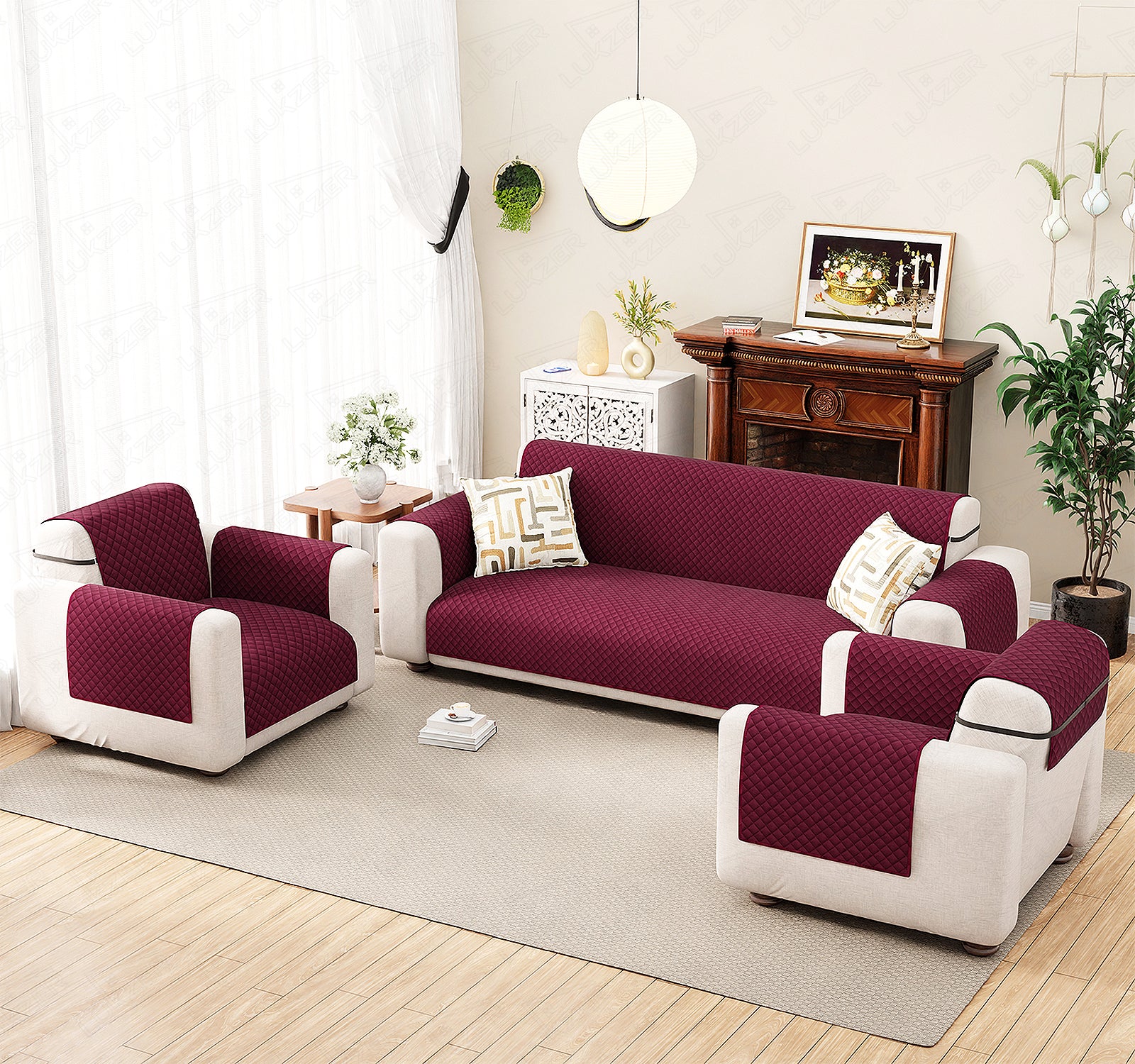 Lukzer Quilted Velvet Sofa Mat | 200 GSM Soft Washable &amp; Removable Couch Protector | Anti-Slip Elastic Strap Cover for Living Room, Pet &amp; Spill Protection