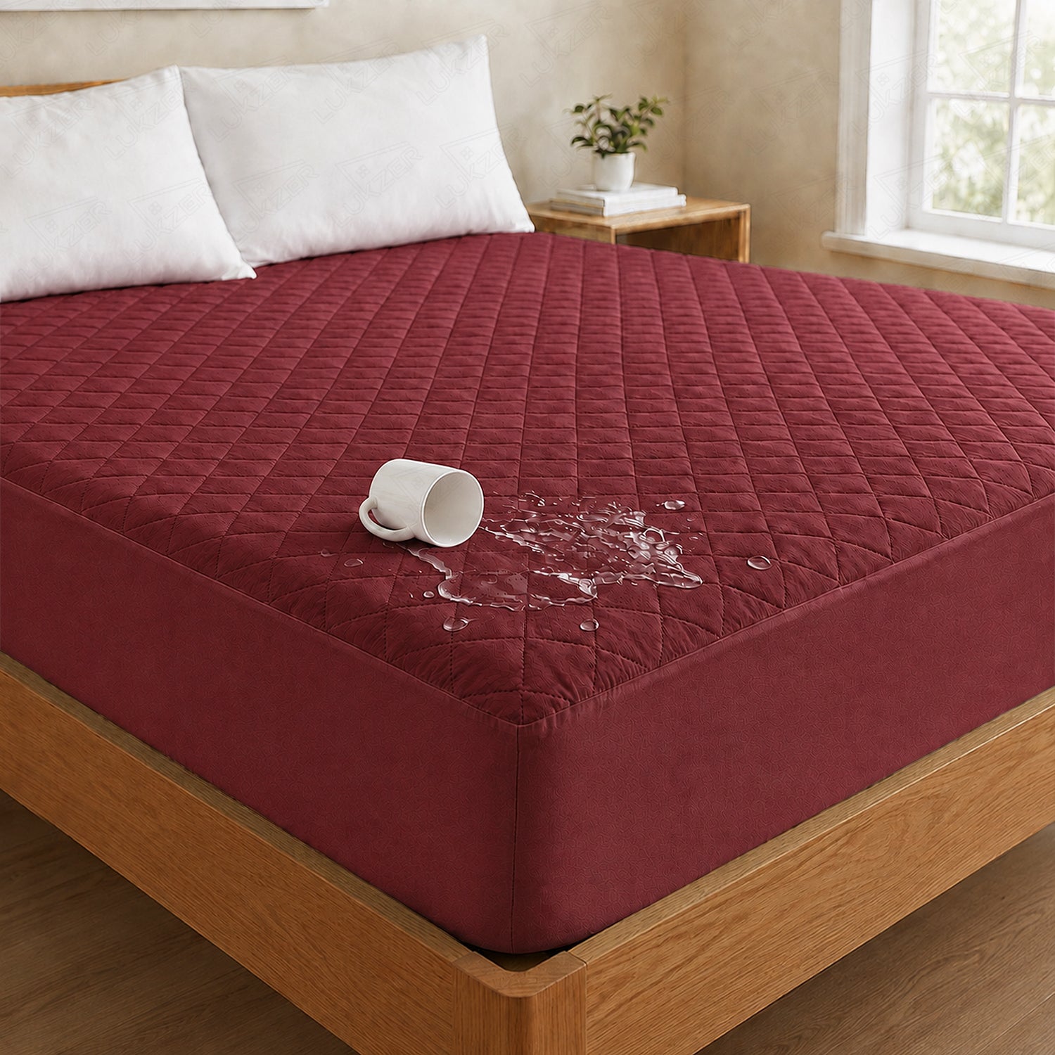 Lukzer Quilted Cotton Waterproof Mattress Protector  Maroon (MTP-QMAR-001)