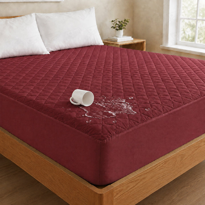 Lukzer Quilted Cotton Waterproof Mattress Protector  Maroon (MTP-QMAR-001)