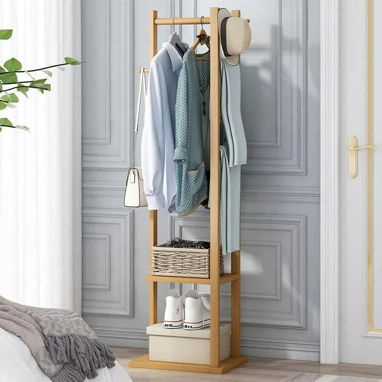 Lukzer Rectangular Bamboo Coat Rack With Hanging Rail & 2 Shelves (CH-495)