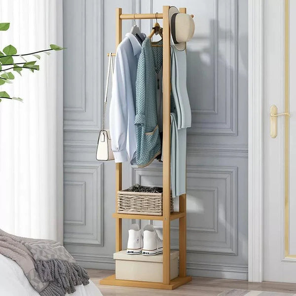 Lukzer Rectangular Bamboo Coat Rack With Hanging Rail & 2 Shelves (CH-495)