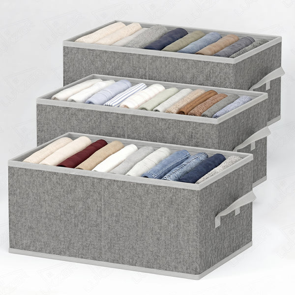 Lukzer 3Pcs Grey Foldable Clothes Organiser Storage Box (Jute)