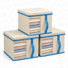 Lukzer 20 Liters Foldable Non-Woven Storage Box/Wardrobe Organizer with Lid - 3PC/Beige & Blue
