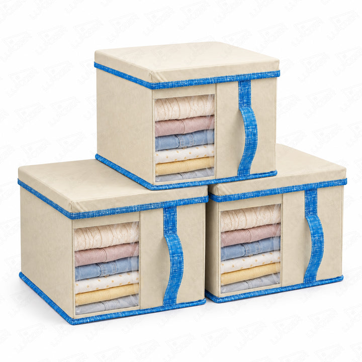 Lukzer 20 Liters Foldable Non-Woven Storage Box/Wardrobe Organizer with Lid - 3PC/Beige & Blue