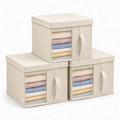 Lukzer 20 Liters Foldable Non-Woven Storage Box/Wardrobe Organizer with Lid - 3PC/Beige