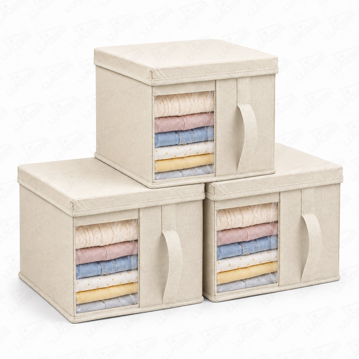Lukzer 20 Liters Foldable Non-Woven Storage Box/Wardrobe Organizer with Lid - 3PC/Beige