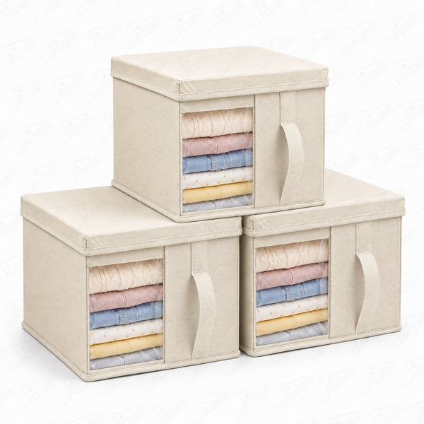 Lukzer 20 Liters Foldable Non-Woven Storage Box/Wardrobe Organizer with Lid & Handles - Pack of 03 / Beige - WO-05-03