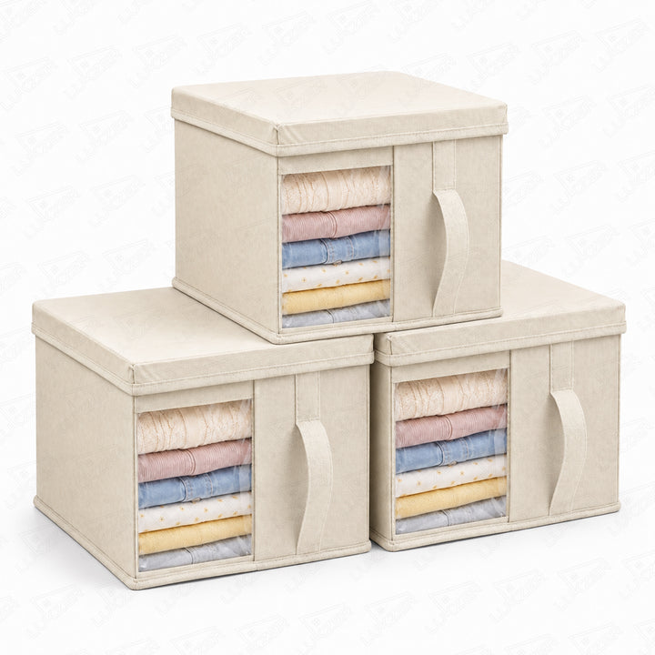 Lukzer 20 Liters Foldable Non-Woven Storage Box/Wardrobe Organizer with Lid - 3PC/Beige