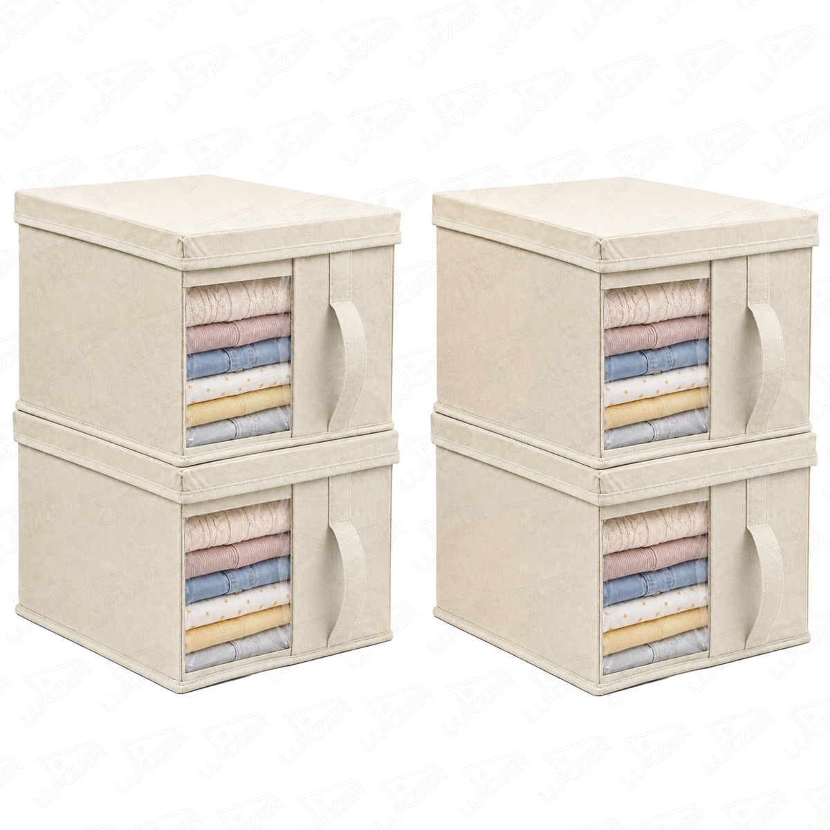 Lukzer 20 Liters Foldable Non-Woven Storage Box/Wardrobe Organizer with Lid - 4PC/Beige