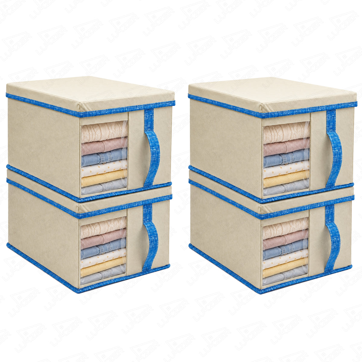 Lukzer 20 Liters Foldable Non-Woven Storage Box/Wardrobe Organizer with Lid - 4PC/Beige & Blue