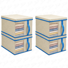 Lukzer 20 Liters Foldable Non-Woven Storage Box/Wardrobe Organizer with Lid - 4PC/Beige & Blue