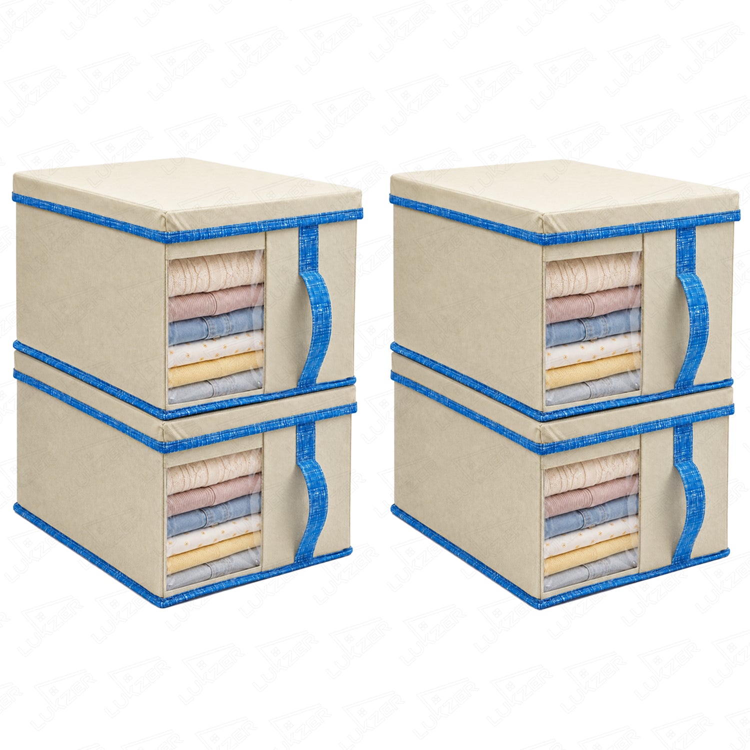 Lukzer 20 Liters Foldable Non-Woven Storage Box/Wardrobe Organizer with Lid - 4PC/Beige & Blue