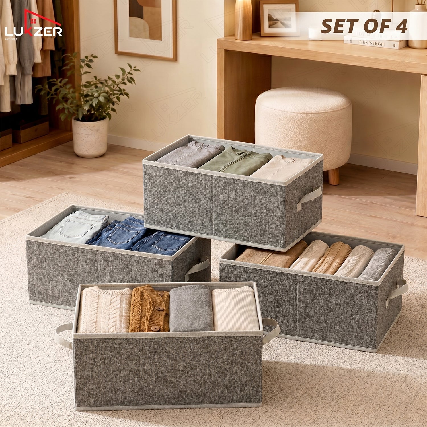 Lukzer 3Pcs Grey Foldable Clothes Organiser Storage Box (Jute)