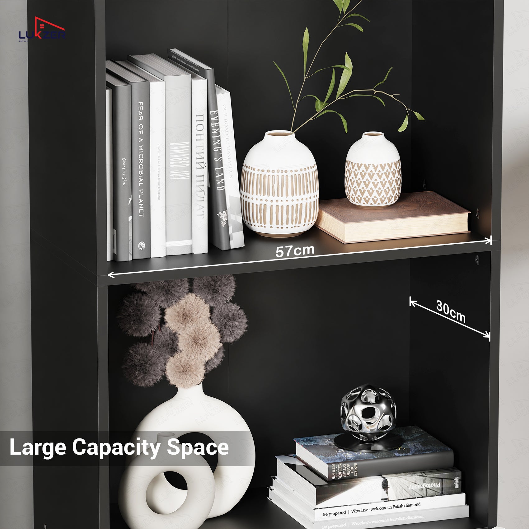 Lukzer 4-Layer Engineered Wood Bookshelf with Door | Multipurpose Rack (MR-020/Black)