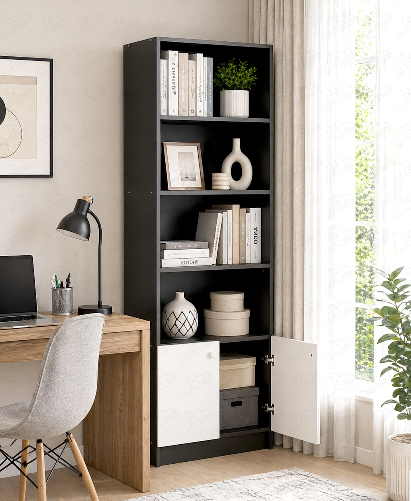 Lukzer 4-Layer Engineered Wood Bookshelf with Door | Multipurpose Rack (MR-020/Black)