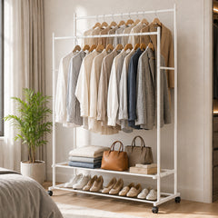 Lukzer Double Rod Metal Garment Rack with Wheels & 2 Bottom Shelves (White)