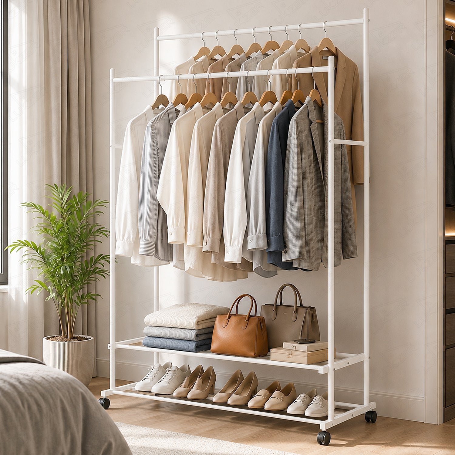 Lukzer Double Rod Metal Garment Rack with Wheels & 2 Bottom Shelves (White)