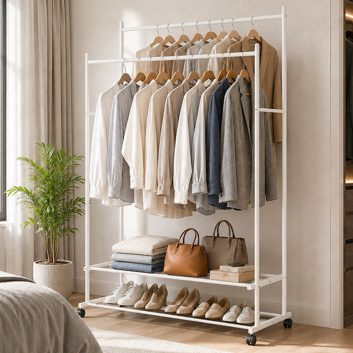 Lukzer Double Rod Metal Garment Rack with Wheels & 2 Bottom Shelves (White)