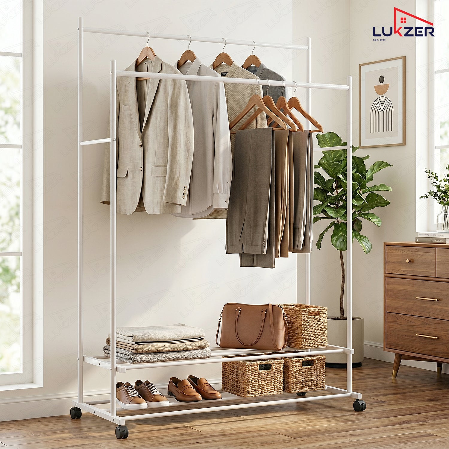 Lukzer Double Rod Metal Garment Rack with Wheels & 2 Bottom Shelves (White)