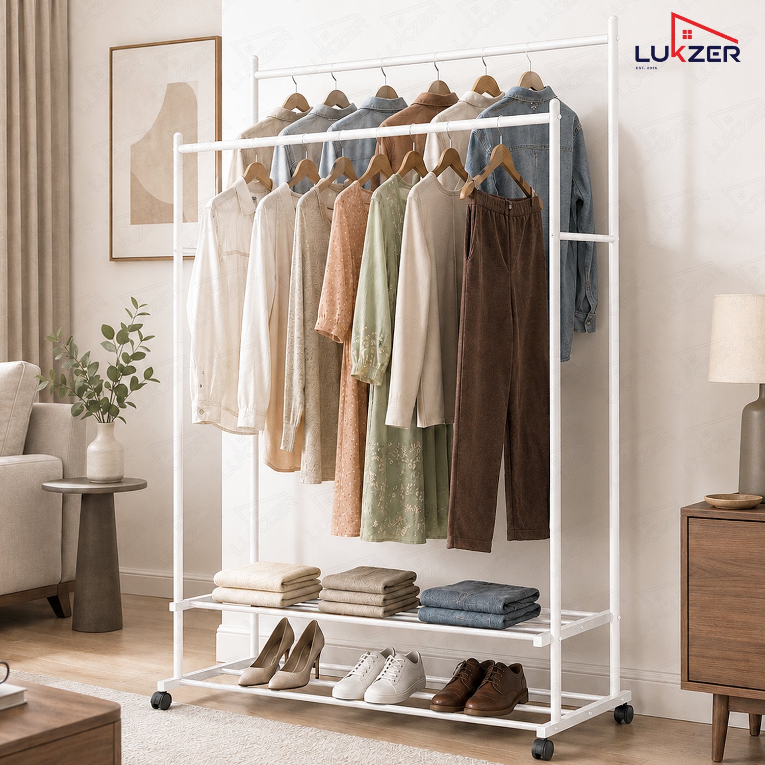 Lukzer Double Rod Metal Garment Rack with Wheels & 2 Bottom Shelves (White)