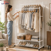 Lukzer Double Rod Metal Garment Rack with Wheels & 2 Bottom Shelves (White)
