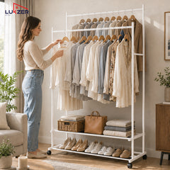 Lukzer Double Rod Metal Garment Rack with Wheels & 2 Bottom Shelves (White)