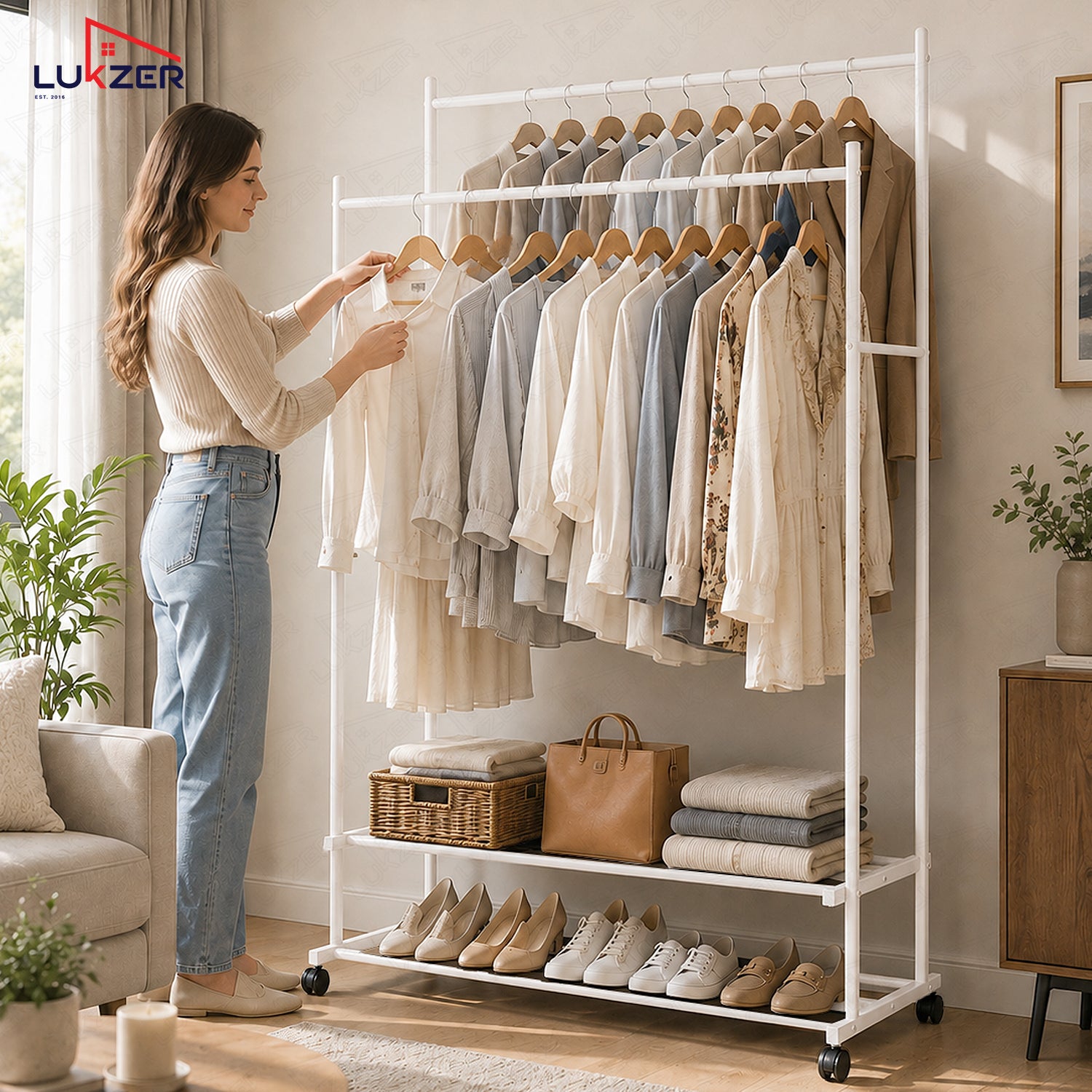Lukzer Double Rod Metal Garment Rack with Wheels & 2 Bottom Shelves (White)