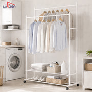 Lukzer Double Rod Metal Garment Rack with Wheels & 2 Bottom Shelves (White)