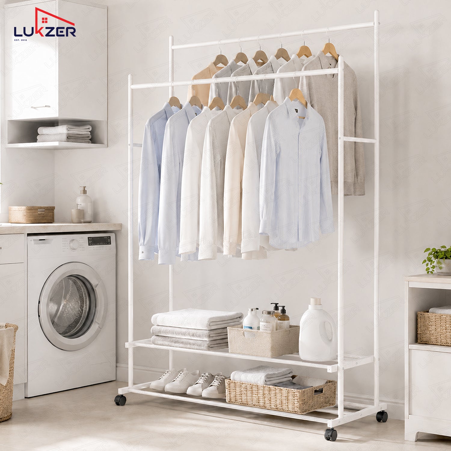 Lukzer Double Rod Metal Garment Rack with Wheels & 2 Bottom Shelves (White)
