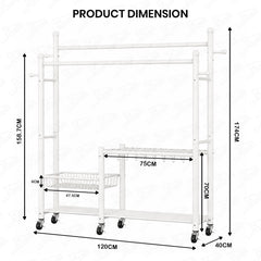Lukzer 32 mm Metal Double Rod Garment Rack with Multiple Cloth Hangers & Shoes Organizer (White)