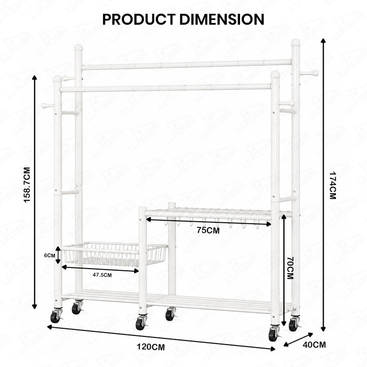 Lukzer 32 mm Metal Double Rod Garment Rack with Multiple Cloth Hangers & Shoes Organizer (White)