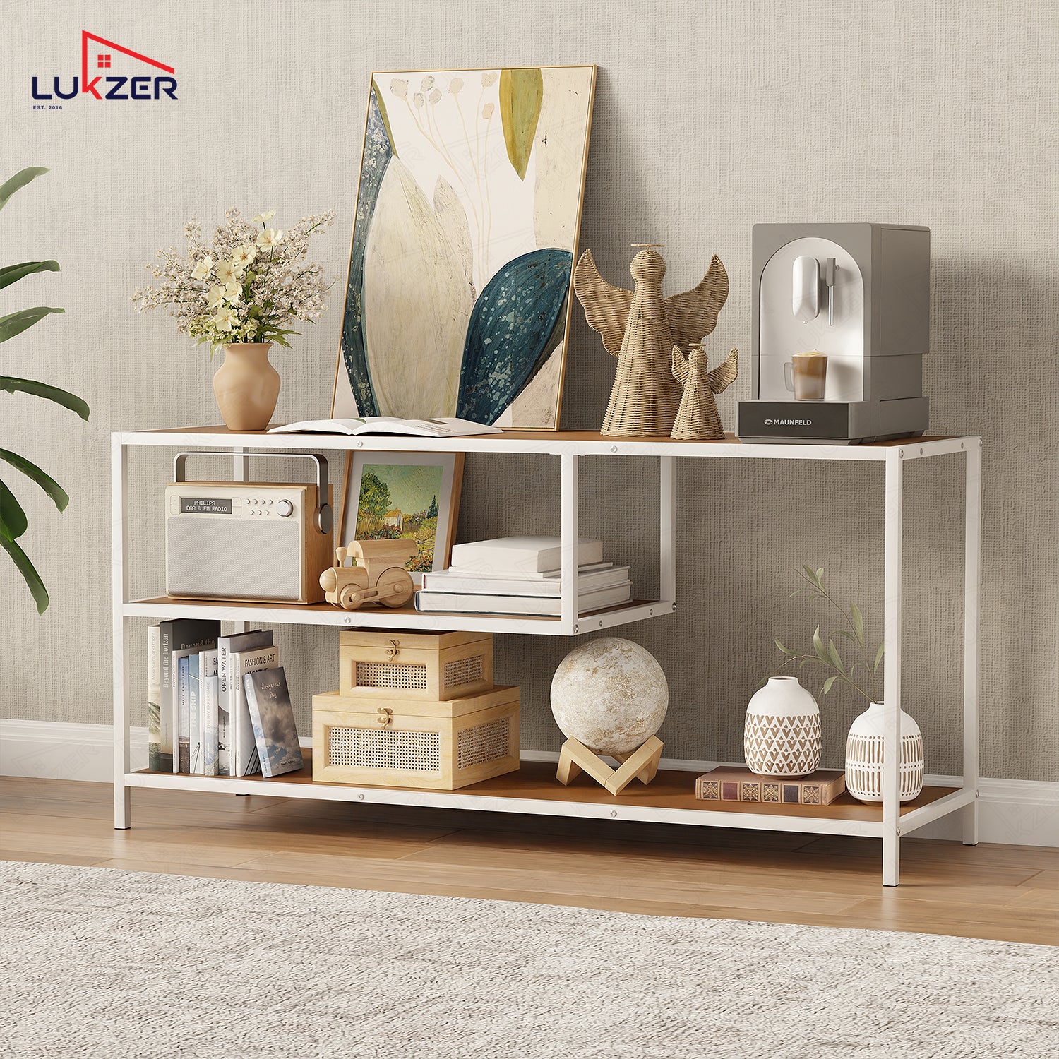 Lukzer Metal & Engineered Wood TV Unit Stand with Open Shelves (MTU-001) White & White